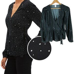 GAP Black Star Print Faux-Wrap Peplum Blouse XS